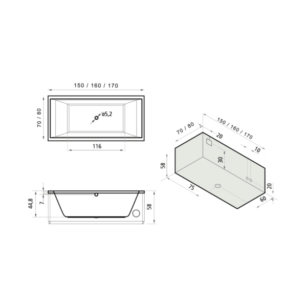Bañera encastrada Elite 170 Oasis Star croquis 1