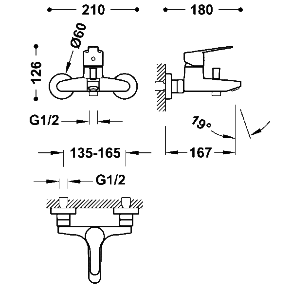 Grifo de ducha y bañera Base Tres croquis 1
